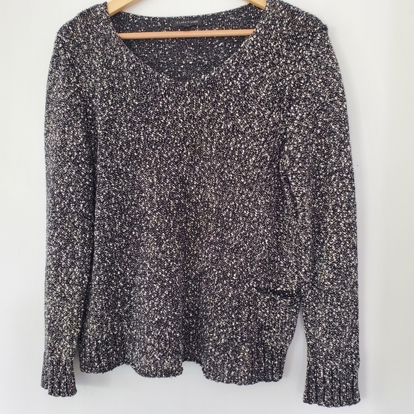 EILEEN FISHER M Tweed Knit LS Sweater Black White Italian Cotton Yarn Casual - Picture 4 of 13